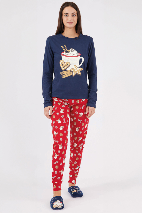 Natalie Sorbetto navy blue - dlhé dámske bavlnené vianočné pyžamo so snehovými vločkami