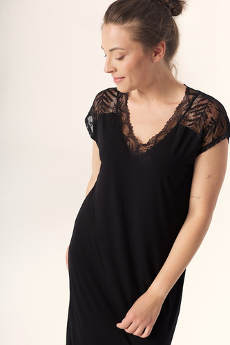 Nočná košeľa Petra KB59 Mefemi Nipplex čierna - viskóza, čipka, krátky rukáv, nad kolená