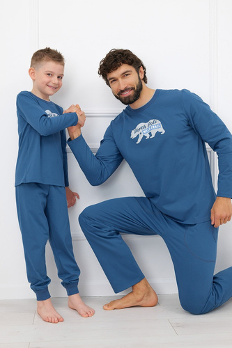 Pánska pyžama Italian Fashion Kasim 100 % bavlna, dlhá, s medvedíkom, vrecká - rifľová