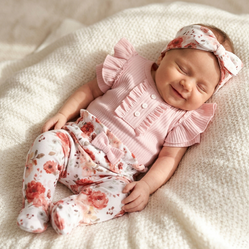 ABK-0056 Komplet dojčenský NINI Roses z organickej bavlny Body Čelenka Polodupačky