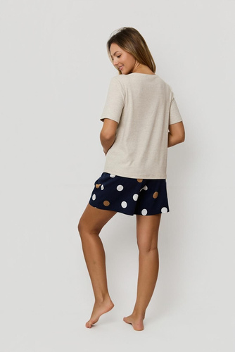 Dámske pyžamo Mefemi by Nipplex Oceane beige - rebrovaná viskóza, tričko a šortky s hráškom