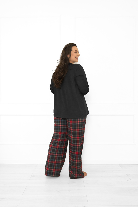 Talianska móda dámske pyžamo tmavá melanžová bavlna, dlhý rukáv a nohavice, kockované