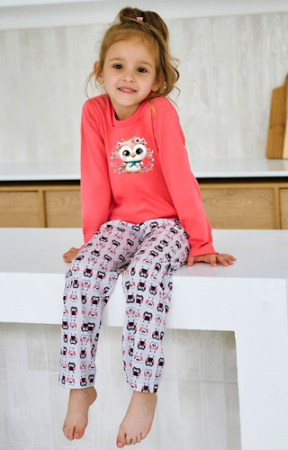 3486, 3487 Emma Taro dievčenské pyžamo koralové - bavlna, potlač, vzorované nohavice