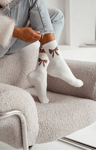 0118-014 Dámske froté ponožky Milena ecru - bavlnené, s mašľou, teplé