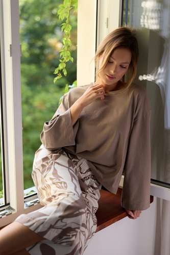 Dámske pyžamo Luna PS75 Mefemi by Nipplex mocha - bavlnené tričko + viskózové 7/8 nohavice | Prémiový komfort a štýl