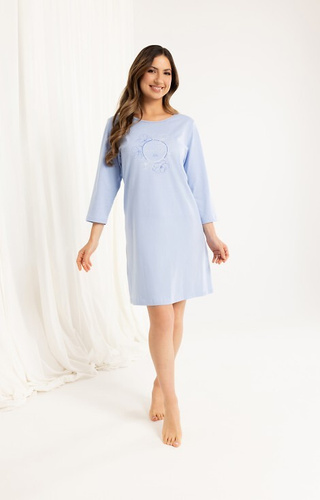 163 Bavlnená nočná košeľa Regina modrá - 3/4 rukáv, potlač, pod kolená