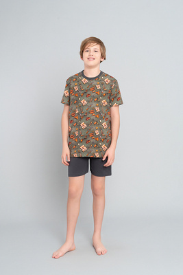 Westernové chlapčenské pyžamo s krátkym rukávom, nohavice Italian Fashion - olivová/grafitová