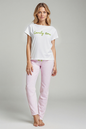 Dana Dámske pyžamo Sorbetto pink - 100% bavlna, krátky rukáv, károvaná nohavica, komplet