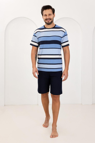 Pánske pyžamo 501 Regina blue - 100% bavlna, štýlové pruhy, krátky rukáv + šortky, ideálne na leto