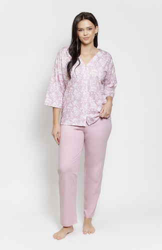 Pyžamo Lucinda 3574/3575 Taro pink - Dámske bavlnené pyžamo s kvetinovým vzorom, 3/4 rukávy