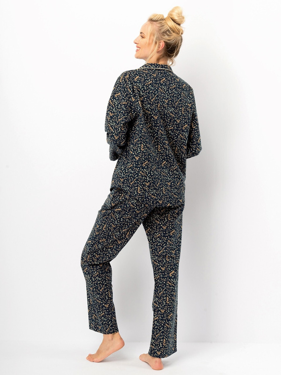 Dámske pyžamo Key LNS 706 navy blue - bavlnený flanel, dlhý rukáv, gombíky