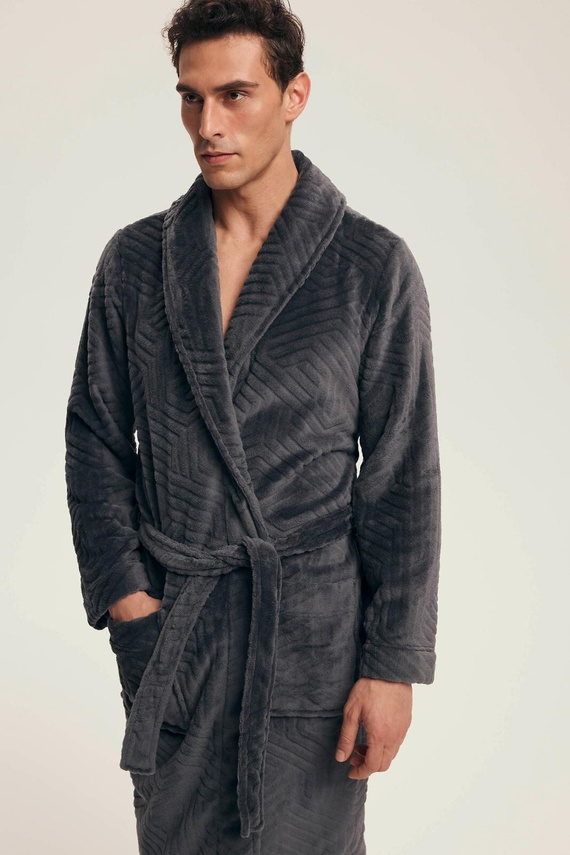 Pánsky župan Henderson 43379 Nandu sivý - viazaný v páse, dĺžka pred kolená