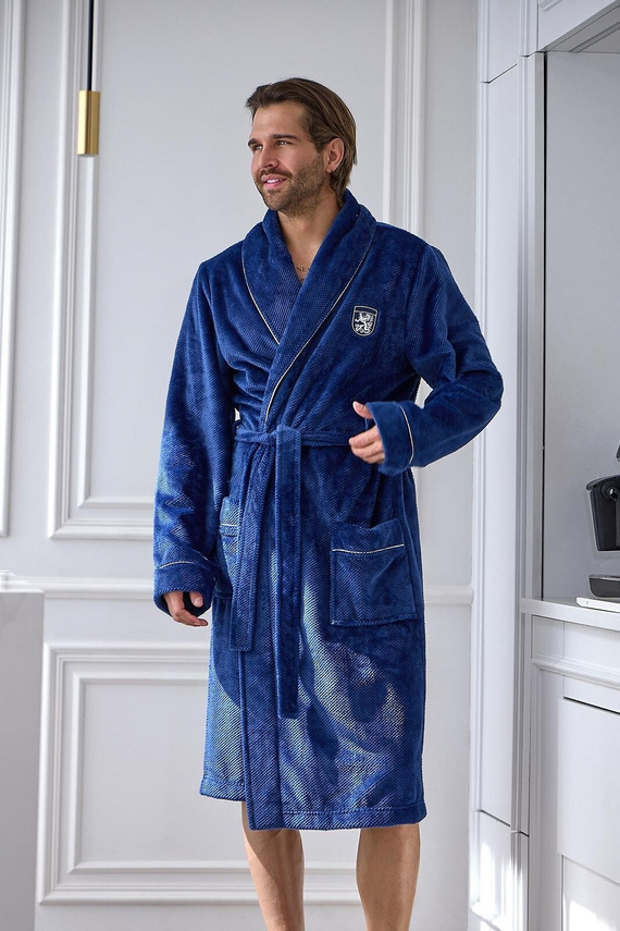 L&L 2661 Elegant pánsky župan klasický s šálovým golierom, mäkký, navy