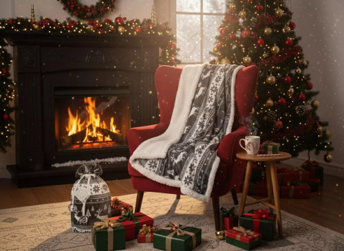 Vianočná deka SACO popol - mäkká a teplá so sobmi a vianočnými stromčekmi v ozdobnom vrecku