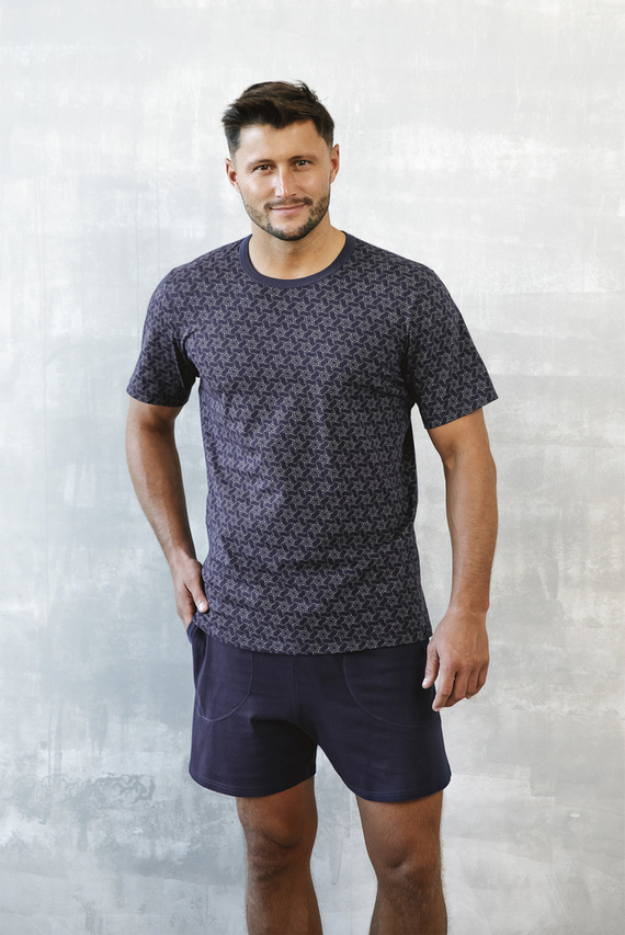 Ricardo Pánske pyžamo s krátkym rukávom, šortky Talianska móda - námornícka modrá/potlač