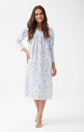 338 Nočná košeľa Luna modrá - bavlnená s kvetinovým vzorom, dlhá s gombíkmi