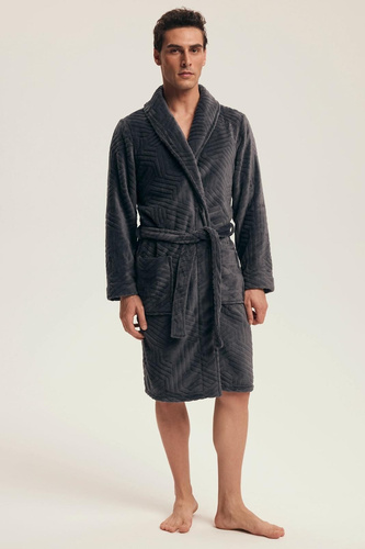 Pánsky župan Henderson 43379 Nandu sivý - viazaný v páse, dĺžka pred kolená