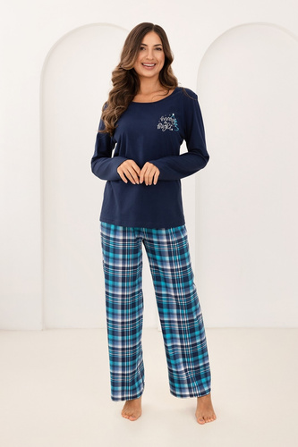 Dámske pyžamo Regina 743 námornícka modrá - bavlna, dĺžka. rukávy, potlač, kockované nohavice