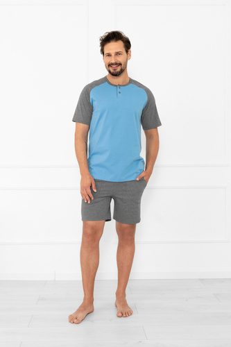 Pánske pyžamo Alexander Italian Fashion - krátke rukávy a krátke nohavice, 100% bavlna - modrá/sivá