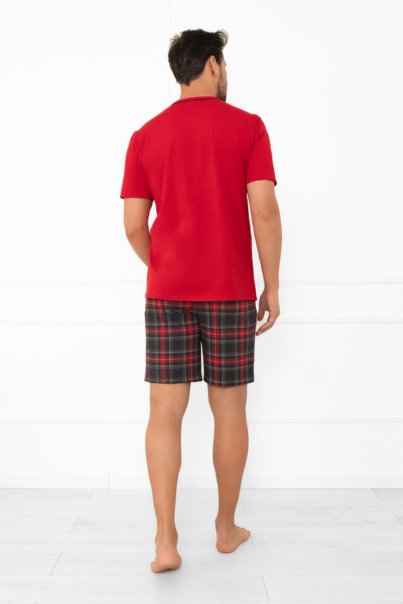 Rusoli pánske pyžamo Talianska móda červená - kockované bavlnené krátke pohodlné