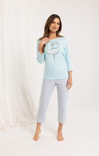 716 Dámske pyžamo Regina tyrkysová - bavlna, 3/4 rukáv, 7/8 vzorované nohavice