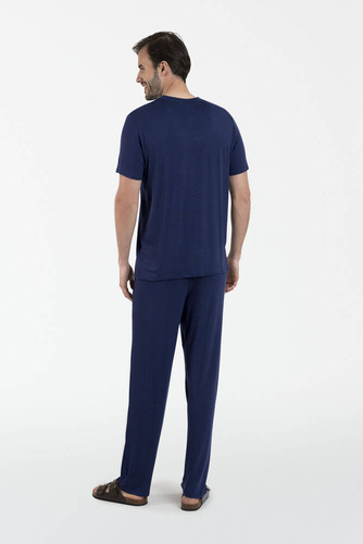 Akord Pánske pyžamo s krátkym rukávom, dlhé nohavice Talianska móda - tmavomodrá