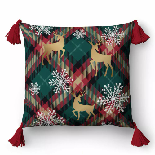 5381 Vianočná dekoratívna obliečka na vankúš Christmas Deco Detexpol soby a snehové vločky na pozadí mriežky - zips