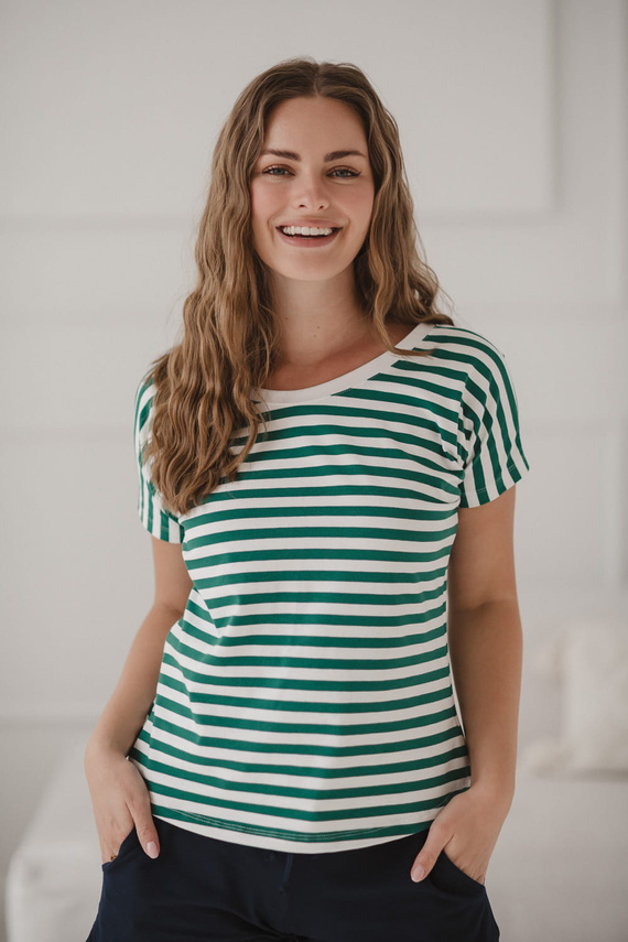 Blúzka pre tehotné a dojčiace ženy na dva spôsoby | Pohodlná blúzka s krátkym rukávom Milk&Love so zelenými a bielymi pruhmi