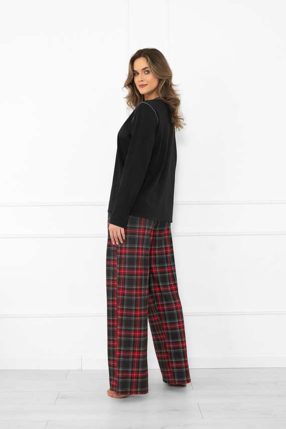 Talianska móda dámske pyžamo tmavá melanžová bavlna, dlhý rukáv a nohavice, kockované