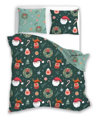 Holly Jolly 006 Faro vianočné posteľné prádlo bielo zelené vianočné stromčeky - saténové mikrovlákno, sada na zips