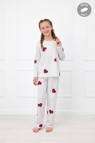 Italian Fashion Kioga dievčenské pyžamo Mega Soft dlhé ecru srdiečka