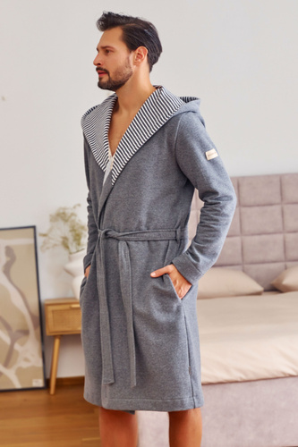 7230 Pánsky župan Doctor Nap - bavlna, kapucňa, elegantné lemovanie - tmavosivý