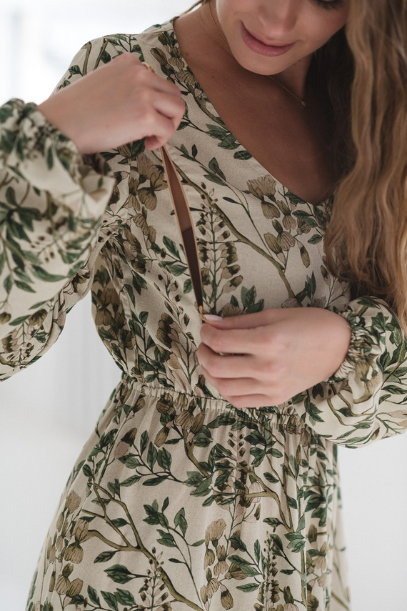 Krásne šaty Midi Milk&Love v zelených kvetoch - tehotenské a dojčiace šaty z ľanu, elegantný strih s dojčiacimi zipsami