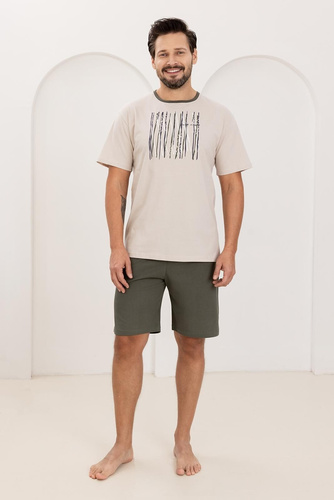 Pánske pyžamo 500 Regina beige - 100% bavlna, krátky rukáv + šortky, ľahké a pohodlné na leto
