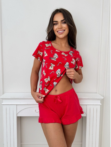 Dámske pyžamo Bear Short Donna - bavlnené, slávnostné, s volánmi