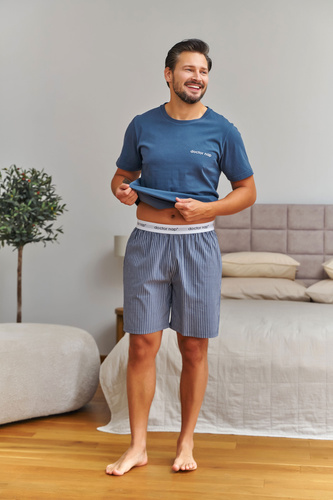 7424 Doctor Nap pánska bavlnená pyžama denim blue pruhované šortky