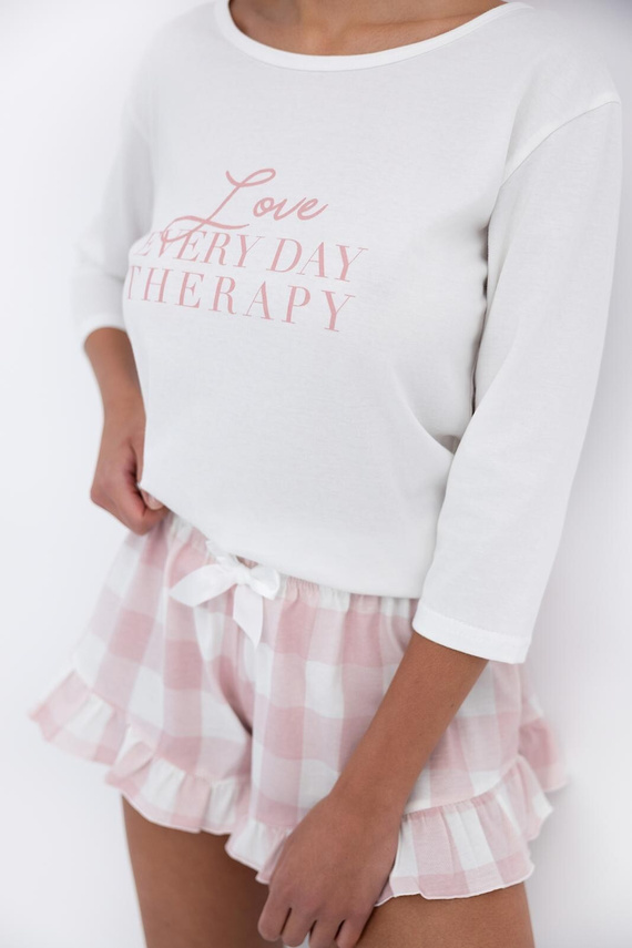 Emily Sensis - Dámske bavlnené pyžamo | 3/4 tričko a kárované šortky s volánmi