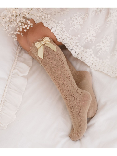 1382 Detské ažurové podkolienky s mašľou - bavlna Milena, béžová