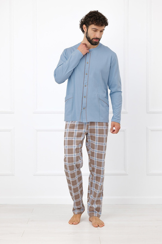 Italian Fashion Wilhelm pánska pyžama 100 % bavlna, gombíky, károvaná - cappuccino