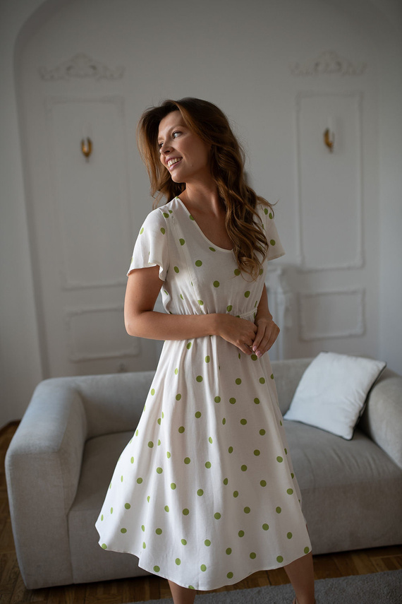 Lovely Dress Midi Milk&Love tehotenské a dojčiace šaty z ľanu pistáciové bodky