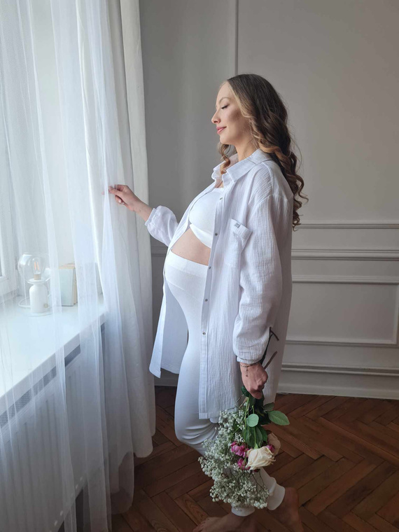 3411C/E Rebrované tehotenské legíny s vysokým pásom - pohodlie a štýl v jednom - ecru