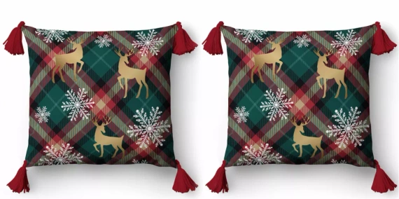 5381 Vianočná dekoratívna obliečka na vankúš Christmas Deco Detexpol soby a snehové vločky na pozadí mriežky - zips