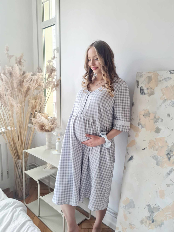 34LI Lidia Košieľka pre tehotné a dojčiace ženy Marija - 100% bavlna, klasický károvaný vzor