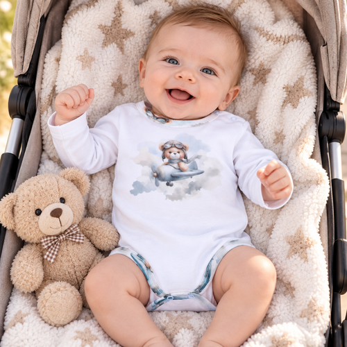 NINI ABN-5745/BIA detské body 100 % bambus Baby Bear Pilot so zapínaním na cvočky