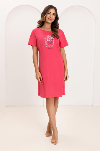 Nočná košeľa Regina 174, bavlna, krátky rukáv, polkruhový výstrih, malinová potlač