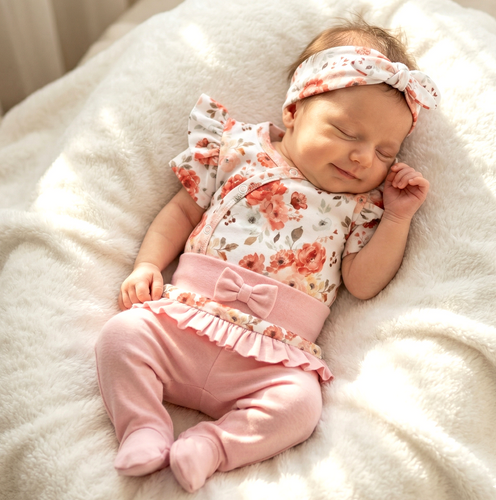 ABK-0055 Detský komplet NINI Roses z organickej bavlny Body Polodupačky Čelenka