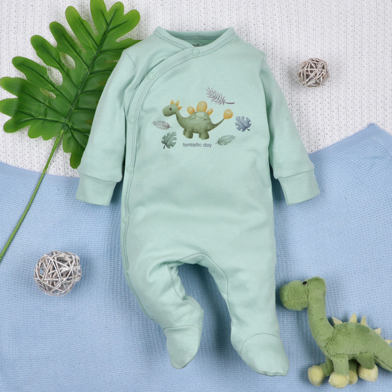 ABN-5568 Dino Explorer Nini detský župan mätová | organická bavlna, zapínanie na cvočky