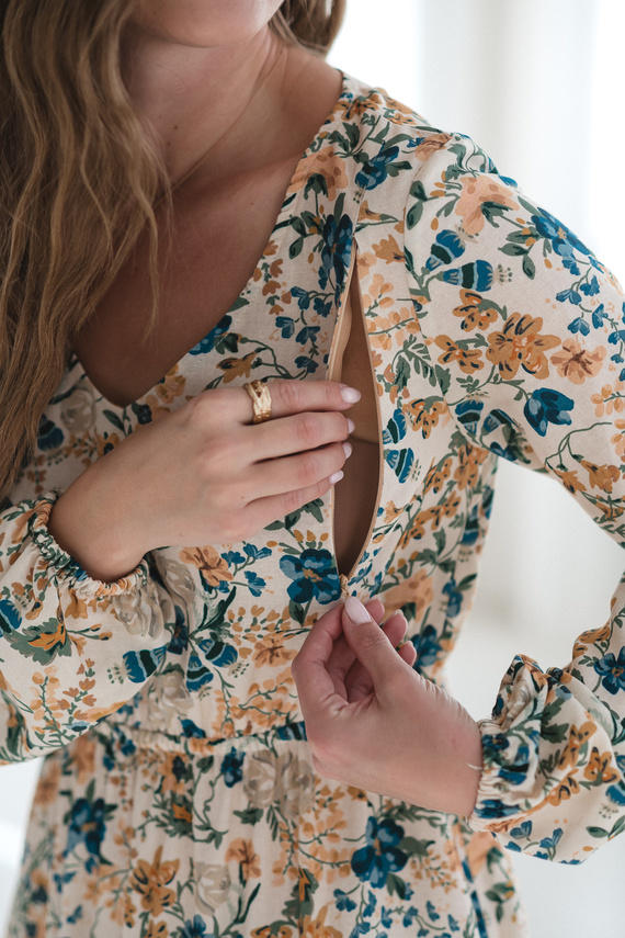 Krásne šaty Midi Milk&Love béžové kvetinové tehotenské a dojčiace šaty z ľanu, elegantný strih s dojčiacimi zipsami