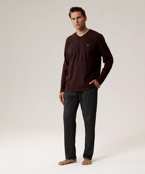 Pánske pyžamo NMP-389 Atlantic - vínová bavlna, dlhý rukáv, štýlová súprava na chladné noci