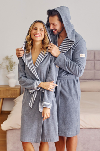 7229 Dámsky župan Doctor Nap - bavlna, kapucňa, elegantné lemovanie - tmavosivý